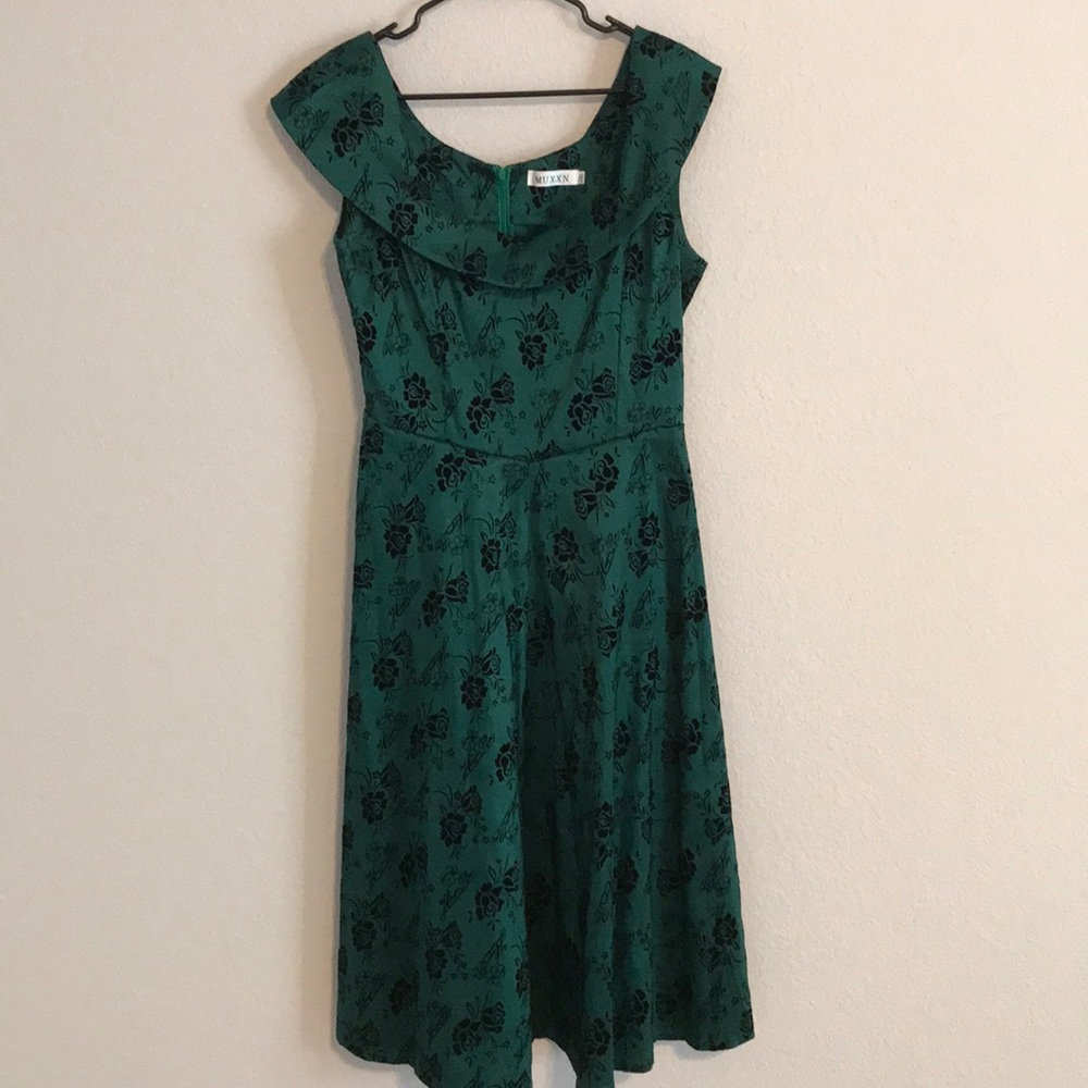 Green and black floral dress